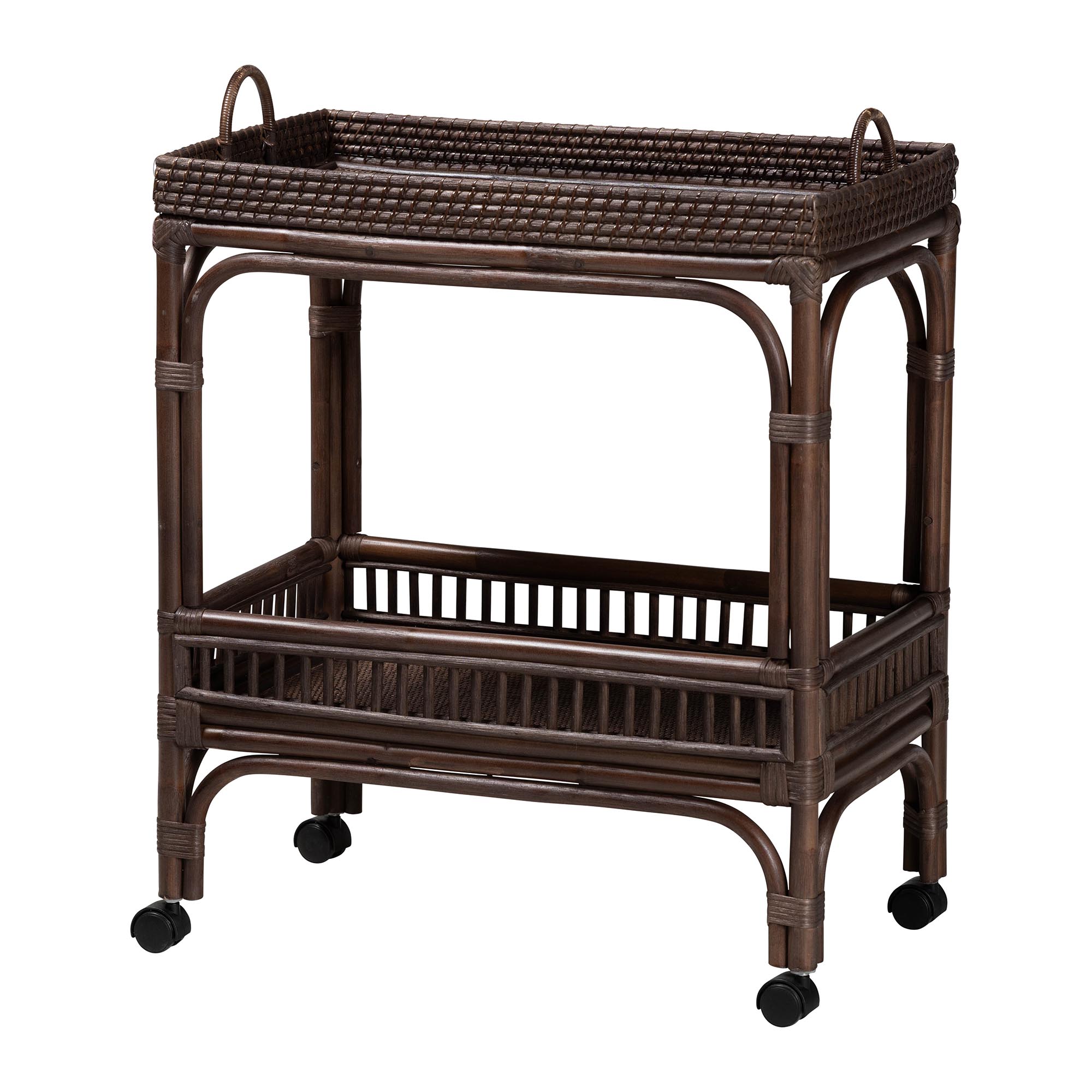 bali & pari Lombok Natural Rattan Wine Cart - Handwoven Wicker 2-Tier Mobile Bar Cart with Raised Tray Top Kitchen or Lounge, Espresso